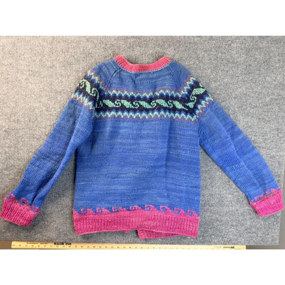 Vintage Hand Knit Wool Cardigan Sweater Blue Pink Fair Isle Heavyweight Boho M